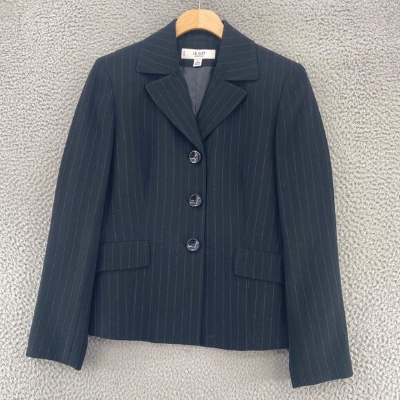 Le Suit Blazer Womens 4 Petite Black Pinstripe Crepe Button Office Career Work - Picture 1 of 9